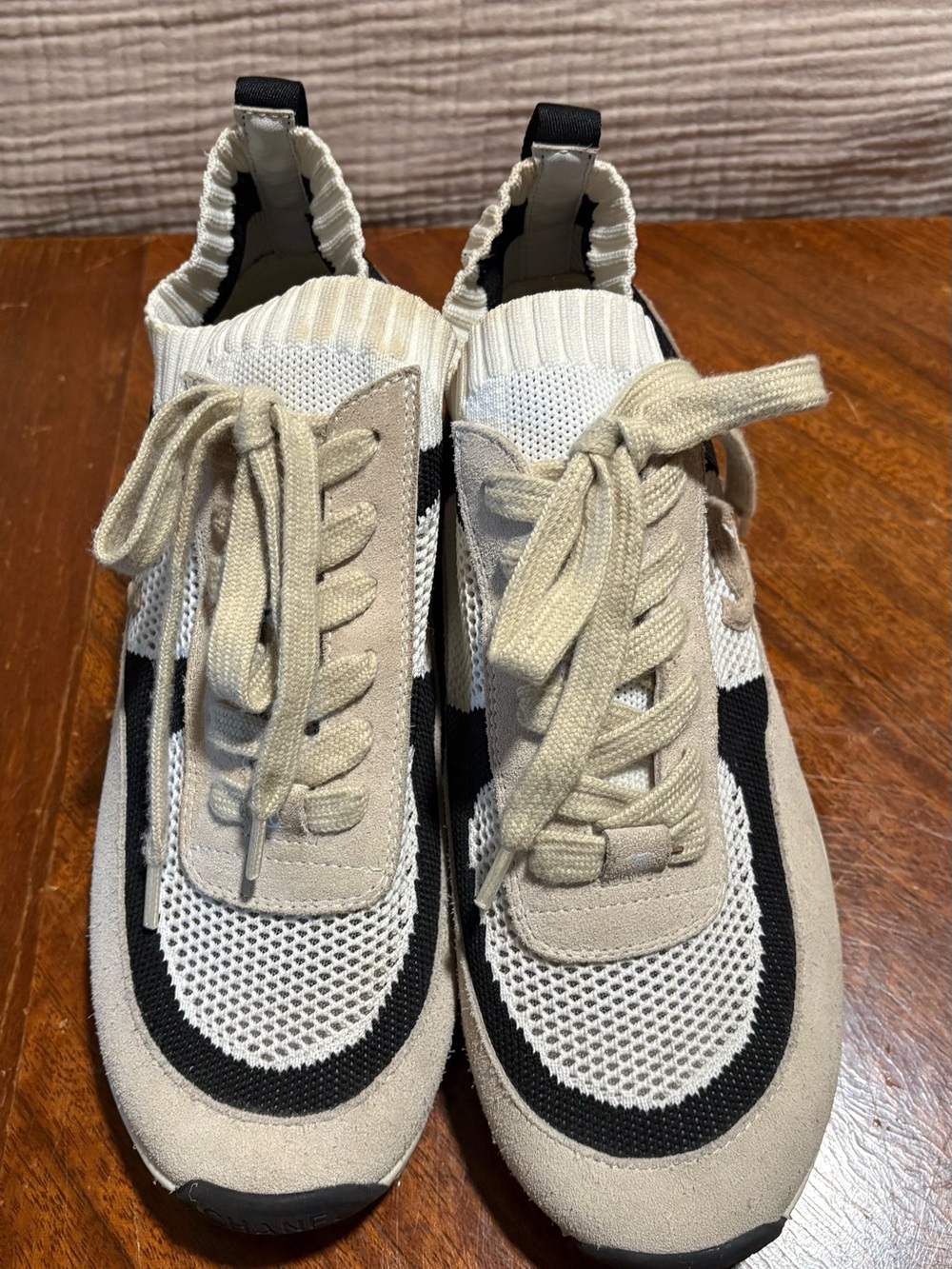 CHANEL Cream, Black and White Knit Lace-Up Sneakers